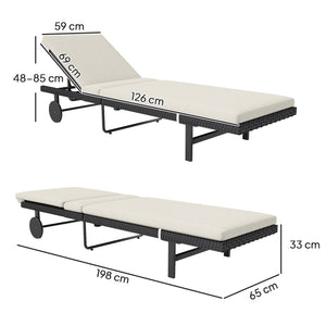 Bain de soleil chaise longue avec coussin en résine tressée, transat jardin extérieur inclinable avec roulettes pour plage relax piscine terrasse, 198 x 65 x 85 cm, crème