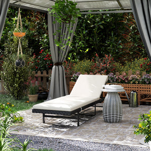 Bain de soleil chaise longue avec coussin en résine tressée, transat jardin extérieur inclinable avec roulettes pour plage relax piscine terrasse, 198 x 65 x 85 cm, crème