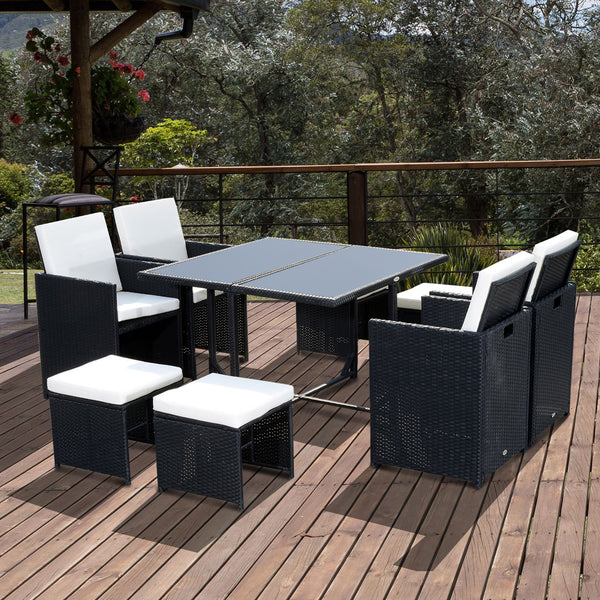 Ensemble Salon de Jardin encastrable 8 Personnes 9 pièces résine tressée 4 Fils Imitation rotin Noir Coussins déhoussables crème