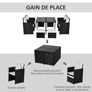 Ensemble Salon de Jardin encastrable 8 Personnes 9 pièces résine tressée 4 Fils Imitation rotin Noir Coussins déhoussables crème