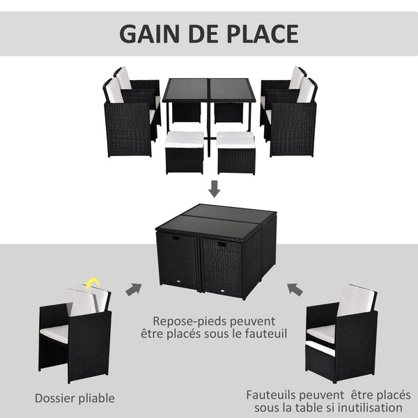 Ensemble Salon de Jardin encastrable 8 Personnes 9 pièces résine tressée 4 Fils Imitation rotin Noir Coussins déhoussables crème