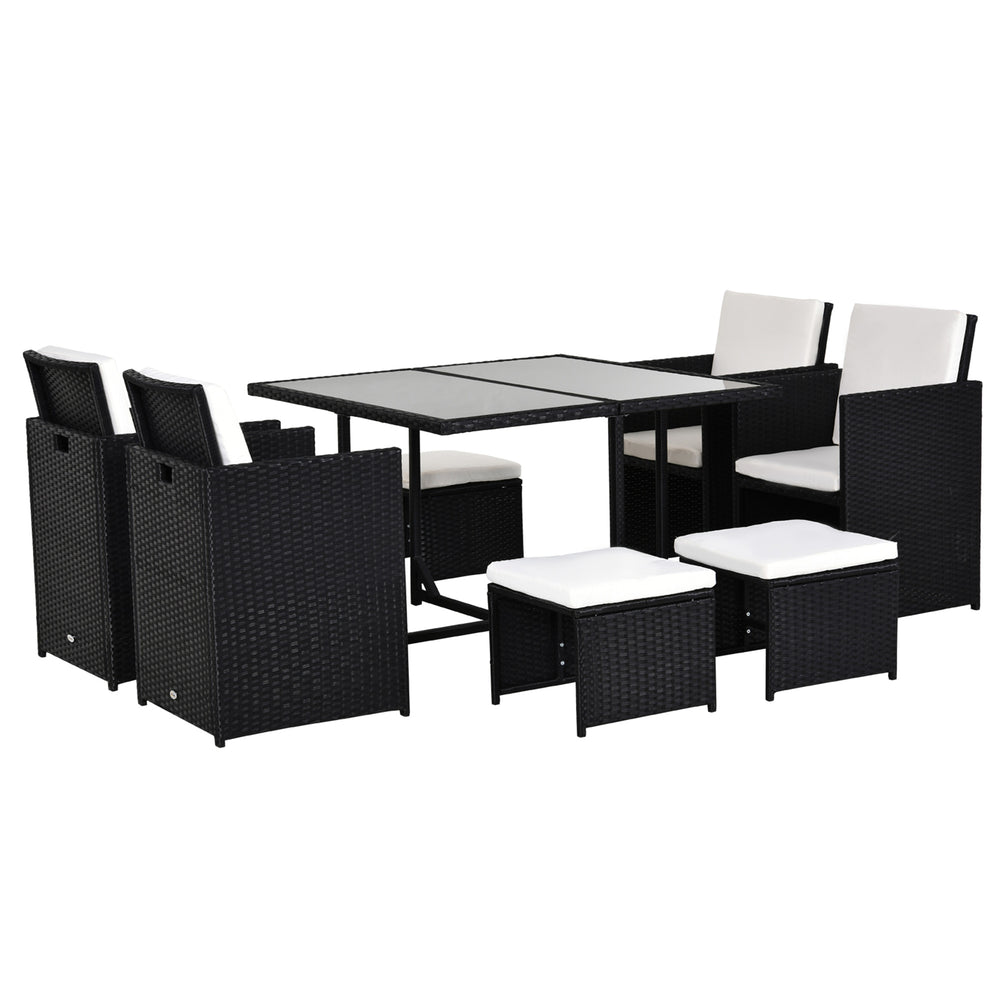 Ensemble Salon de Jardin encastrable 8 Personnes 9 pièces résine tressée 4 Fils Imitation rotin Noir Coussins déhoussables crème