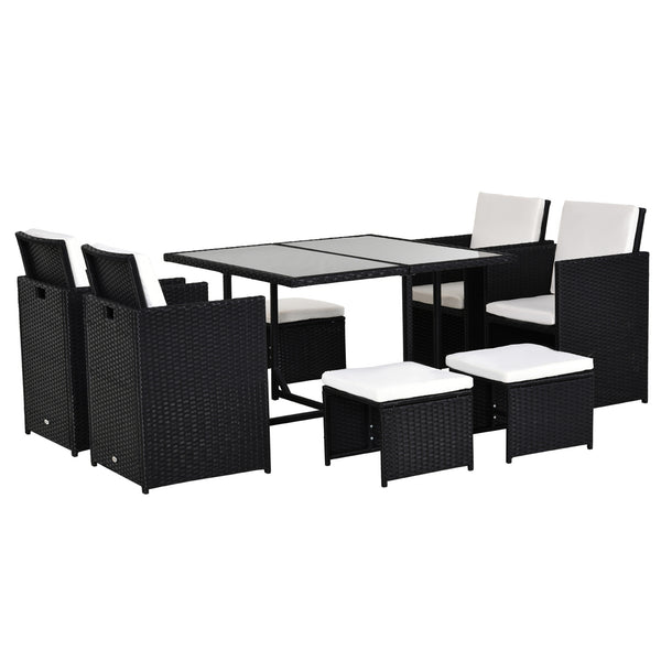 Ensemble Salon de Jardin encastrable 8 Personnes 9 pièces résine tressée 4 Fils Imitation rotin Noir Coussins déhoussables crème