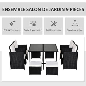 Ensemble Salon de Jardin encastrable 8 Personnes 9 pièces résine tressée 4 Fils Imitation rotin Noir Coussins déhoussables crème