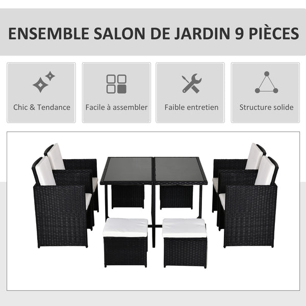 Ensemble Salon de Jardin encastrable 8 Personnes 9 pièces résine tressée 4 Fils Imitation rotin Noir Coussins déhoussables crème