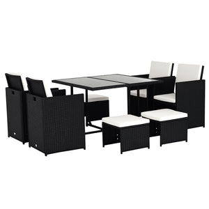 Ensemble Salon de Jardin encastrable 8 Personnes 9 pièces résine tressée 4 Fils Imitation rotin Noir Coussins déhoussables crème
