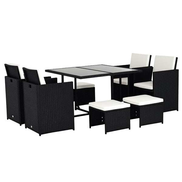Ensemble Salon de Jardin encastrable 8 Personnes 9 pièces résine tressée 4 Fils Imitation rotin Noir Coussins déhoussables crème