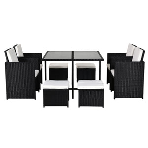 Ensemble Salon de Jardin encastrable 8 Personnes 9 pièces résine tressée 4 Fils Imitation rotin Noir Coussins déhoussables crème