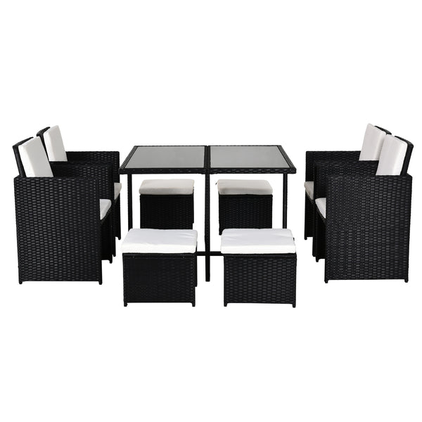 Ensemble Salon de Jardin encastrable 8 Personnes 9 pièces résine tressée 4 Fils Imitation rotin Noir Coussins déhoussables crème