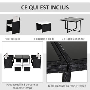 Ensemble Salon de Jardin encastrable 8 Personnes 9 pièces résine tressée 4 Fils Imitation rotin Noir Coussins déhoussables crème