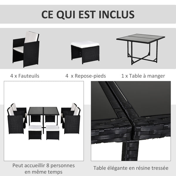 Ensemble Salon de Jardin encastrable 8 Personnes 9 pièces résine tressée 4 Fils Imitation rotin Noir Coussins déhoussables crème