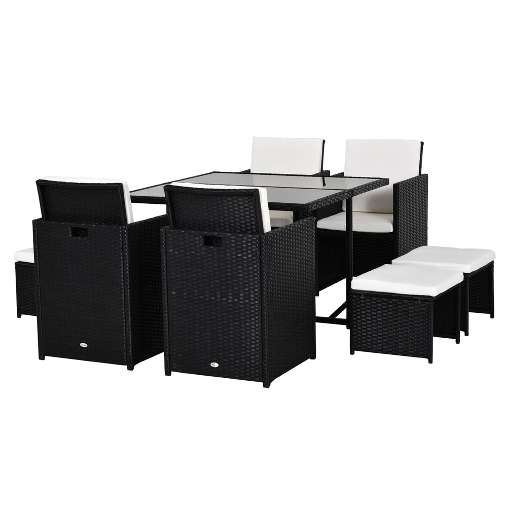 Ensemble Salon de Jardin encastrable 8 Personnes 9 pièces résine tressée 4 Fils Imitation rotin Noir Coussins déhoussables crème