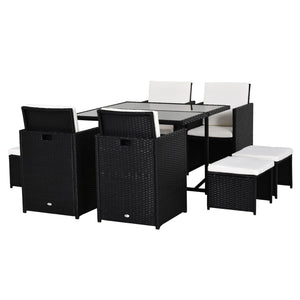 Ensemble Salon de Jardin encastrable 8 Personnes 9 pièces résine tressée 4 Fils Imitation rotin Noir Coussins déhoussables crème