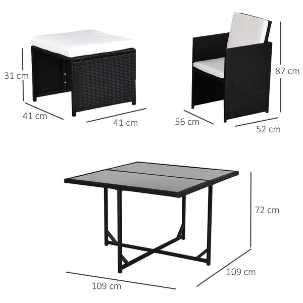 Ensemble Salon de Jardin encastrable 8 Personnes 9 pièces résine tressée 4 Fils Imitation rotin Noir Coussins déhoussables crème