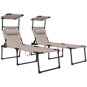 Lot de 2 Bains de soleil transats pliables grand confort dossier pare-soleil réglables multi-positions, kaki