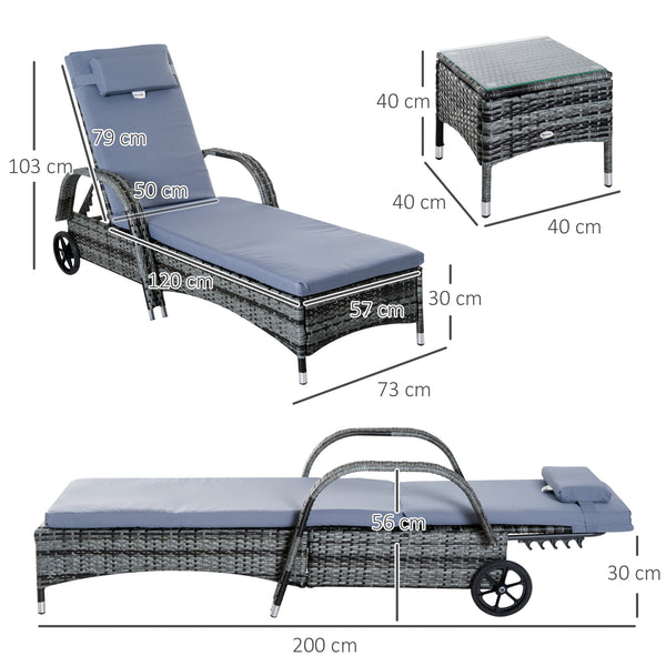 Lot de 2 transats bains de soleil grand confort : matelas, têtière, inclinaison réglable multipositions, accoudoirs, roulettes + table basse verre trempé résine tressée gris