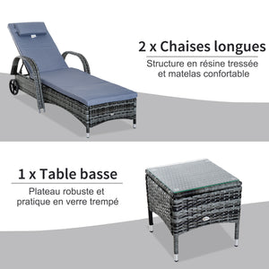 Lot de 2 transats bains de soleil grand confort : matelas, têtière, inclinaison réglable multipositions, accoudoirs, roulettes + table basse verre trempé résine tressée gris