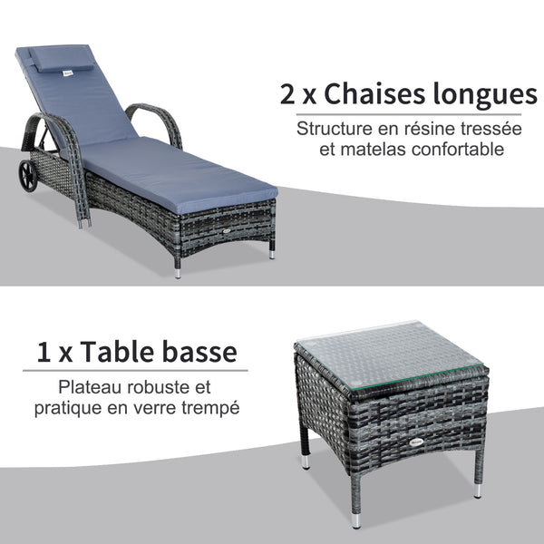 Lot de 2 transats bains de soleil grand confort : matelas, têtière, inclinaison réglable multipositions, accoudoirs, roulettes + table basse verre trempé résine tressée gris