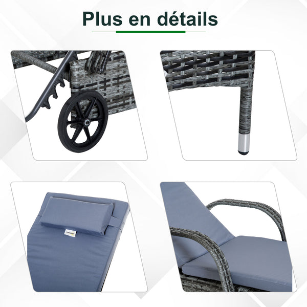Lot de 2 transats bains de soleil grand confort : matelas, têtière, inclinaison réglable multipositions, accoudoirs, roulettes + table basse verre trempé résine tressée gris