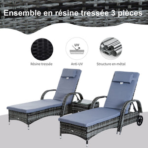Lot de 2 transats bains de soleil grand confort : matelas, têtière, inclinaison réglable multipositions, accoudoirs, roulettes + table basse verre trempé résine tressée gris