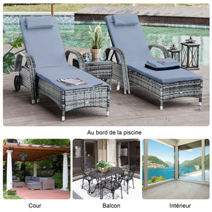Lot de 2 transats bains de soleil grand confort : matelas, têtière, inclinaison réglable multipositions, accoudoirs, roulettes + table basse verre trempé résine tressée gris