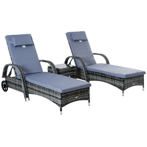 Lot de 2 transats bains de soleil grand confort : matelas, têtière, inclinaison réglable multipositions, accoudoirs, roulettes + table basse verre trempé résine tressée gris