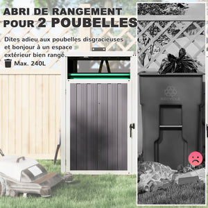 Abri pour 2 poubelles 240L, cache poubelle extérieur, portes avec poignées, couvercles relevables à 180°, acier galvanisé, 146 x 81 x 122 cm, gris foncé