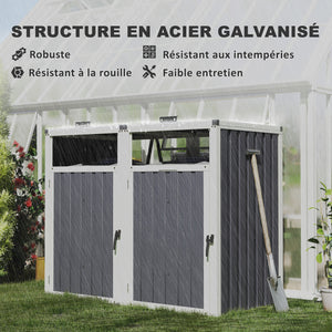Abri pour 2 poubelles 240L, cache poubelle extérieur, portes avec poignées, couvercles relevables à 180°, acier galvanisé, 146 x 81 x 122 cm, gris foncé