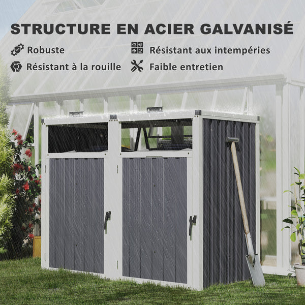 Abri pour 2 poubelles 240L, cache poubelle extérieur, portes avec poignées, couvercles relevables à 180°, acier galvanisé, 146 x 81 x 122 cm, gris foncé