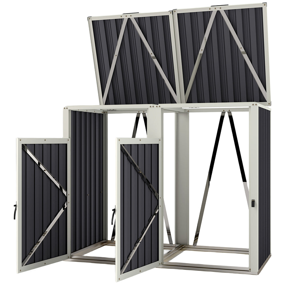 Abri pour 2 poubelles 240L, cache poubelle extérieur, portes avec poignées, couvercles relevables à 180°, acier galvanisé, 146 x 81 x 122 cm, gris foncé