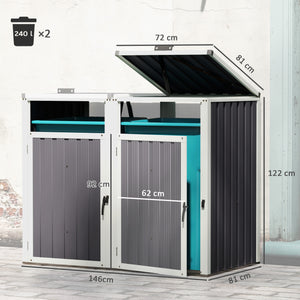 Abri pour 2 poubelles 240L, cache poubelle extérieur, portes avec poignées, couvercles relevables à 180°, acier galvanisé, 146 x 81 x 122 cm, gris foncé