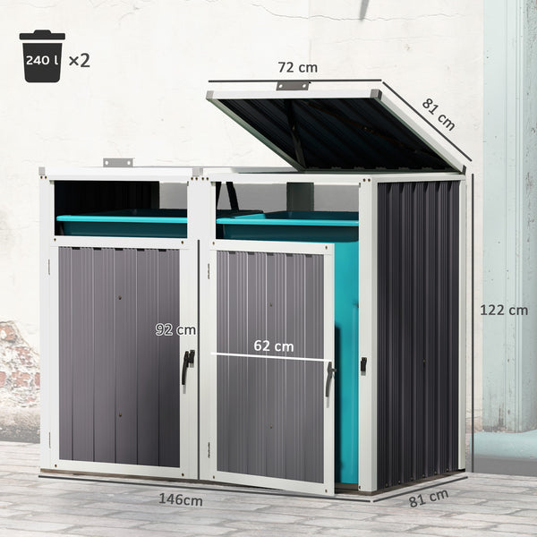 Abri pour 2 poubelles 240L, cache poubelle extérieur, portes avec poignées, couvercles relevables à 180°, acier galvanisé, 146 x 81 x 122 cm, gris foncé