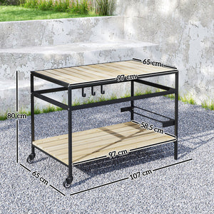 Desserte de jardin chariot pour plancha barbecue en bois et métal avec 2 étagères et 3 crochets - 107 x 65 x 80 cm noir naturel