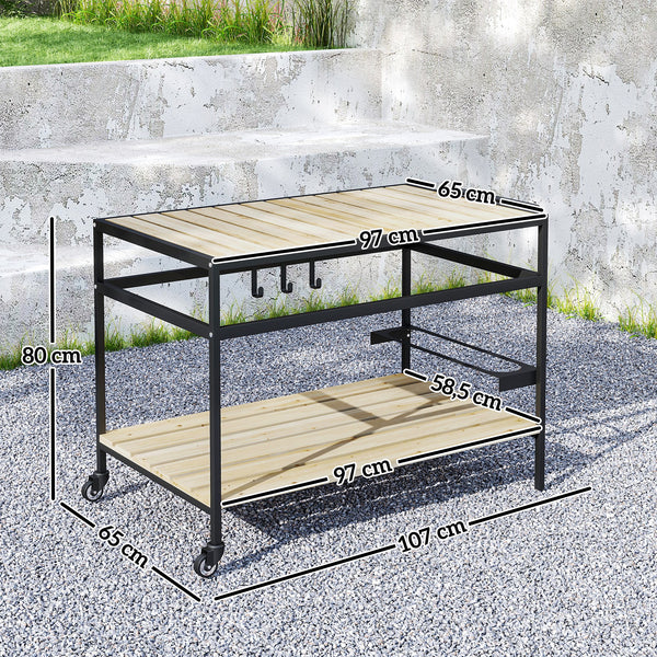 Desserte de jardin chariot pour plancha barbecue en bois et métal avec 2 étagères et 3 crochets - 107 x 65 x 80 cm noir naturel