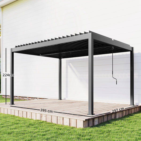Pergola bioclimatique 4x3m, pergola aluminium, lames orientables, manivelle, système de drainage, tonnelle de jardin abri terrasse, résistante vent, protection soleil, imperméable, gris foncé