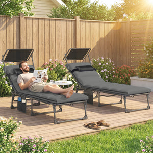 - 2 pliable sun loungers with sunshade, cushion, 5 adjustable positions, side pocket, portable for camping, beach, terrace, dark grey