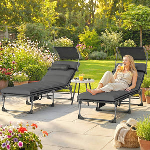 - 2 pliable sun loungers with sunshade, cushion, 5 adjustable positions, side pocket, portable for camping, beach, terrace, dark grey