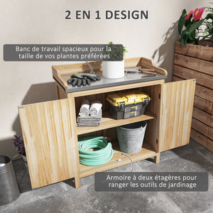 Table de rempotage armoire de rangement de jardin avec 2 étagères, plateau galvanisé patins antidérapants en bois sapin