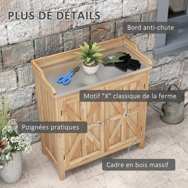 Table de rempotage armoire de rangement de jardin avec 2 étagères, plateau galvanisé patins antidérapants en bois sapin
