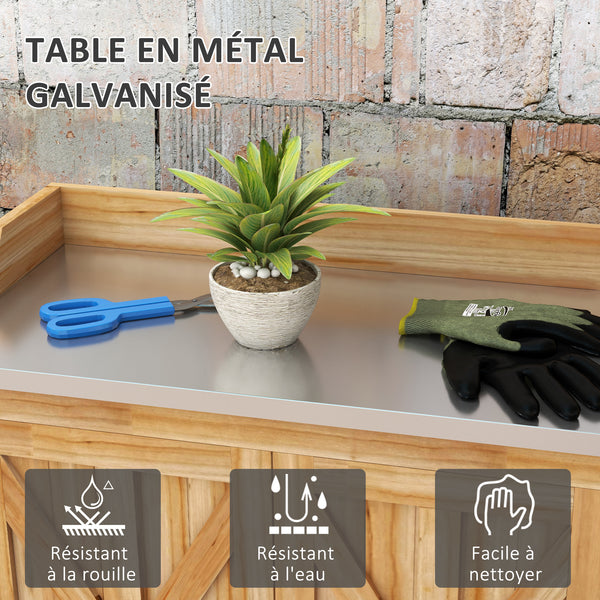 Table de rempotage armoire de rangement de jardin avec 2 étagères, plateau galvanisé patins antidérapants en bois sapin