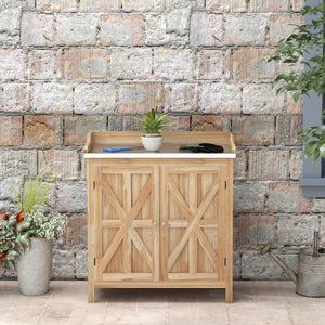Table de rempotage armoire de rangement de jardin avec 2 étagères, plateau galvanisé patins antidérapants en bois sapin