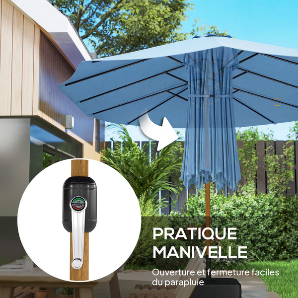 Parasol de jardin double 5 x 3 m, parasol de jardin extérieur avec base incluse, manivelle, polyester 180g/m², protection UV, pour patio, terrasse, bleu
