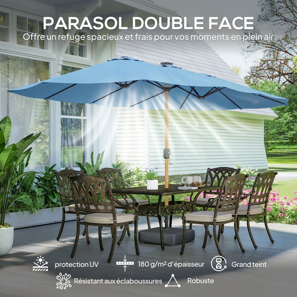 Parasol de jardin double 5 x 3 m, parasol de jardin extérieur avec base incluse, manivelle, polyester 180g/m², protection UV, pour patio, terrasse, bleu