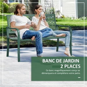 Banc de jardin, banc extérieur jardin en acier, avec dossier à motif floral, accoudoirs, pour 2 personnes, pour jardin, balcon, charge max. 240 kg, vert foncé