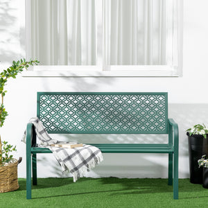 Banc de jardin, banc extérieur jardin en acier, avec dossier à motif floral, accoudoirs, pour 2 personnes, pour jardin, balcon, charge max. 240 kg, vert foncé