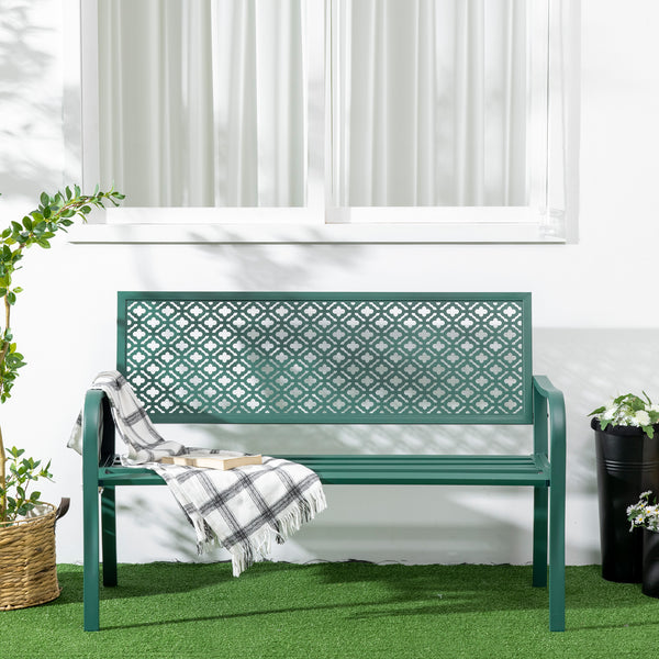 Banc de jardin, banc extérieur jardin en acier, avec dossier à motif floral, accoudoirs, pour 2 personnes, pour jardin, balcon, charge max. 240 kg, vert foncé