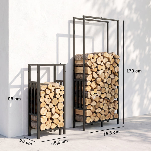 Range Bûches en Acier, Largeur & Hauteur Réglables - Étagère pour Bois de Cheminée, Charge 100 kg - Porte-bûches Intérieur Extérieur, 45,5-75,5 x 25 x 98-170 cm, Noir