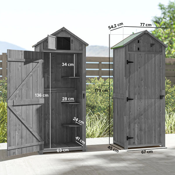 Armoire de jardin extérieur abri de jardin en bois abri pour outils 3 étagères 2 Portes loquets Toit Pente bitumé rangement et stockage extérieurs 77 x 54 x 179 cm Sapin traité Gris