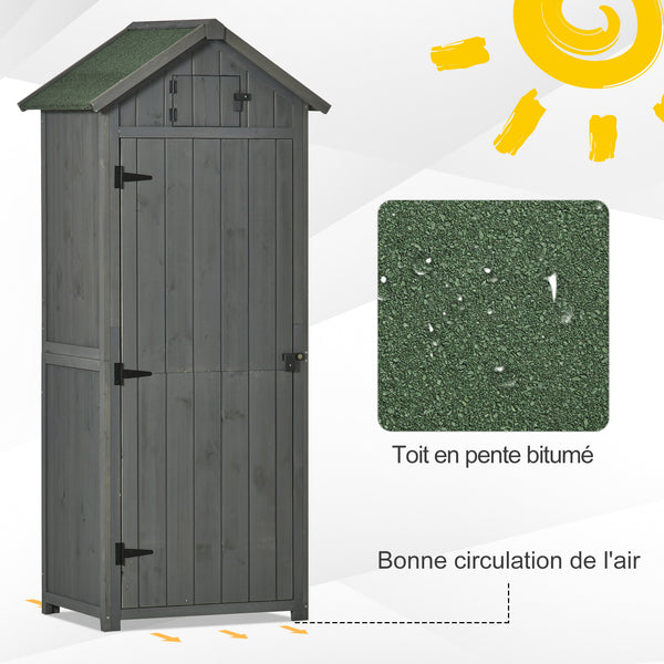 Armoire de jardin extérieur abri de jardin en bois abri pour outils 3 étagères 2 Portes loquets Toit Pente bitumé rangement et stockage extérieurs 77 x 54 x 179 cm Sapin traité Gris