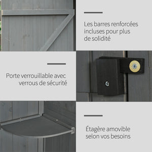 Armoire de jardin extérieur abri de jardin en bois abri pour outils 3 étagères 2 Portes loquets Toit Pente bitumé rangement et stockage extérieurs 77 x 54 x 179 cm Sapin traité Gris